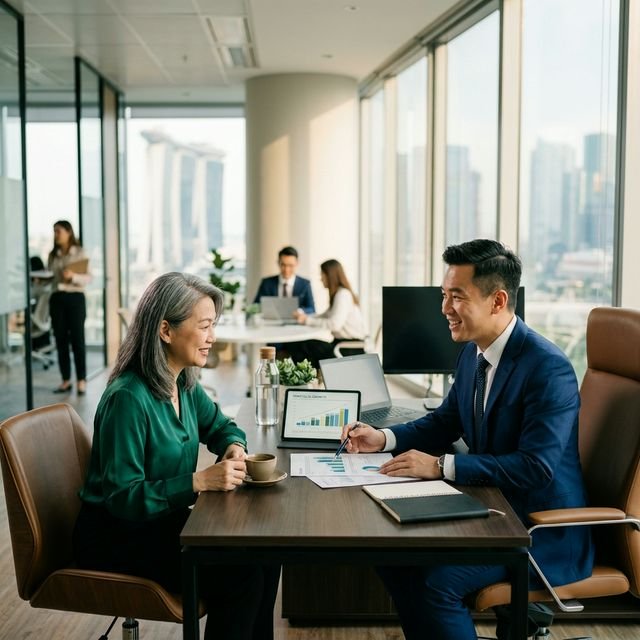 Financial advisor meeting with client in Singapore office